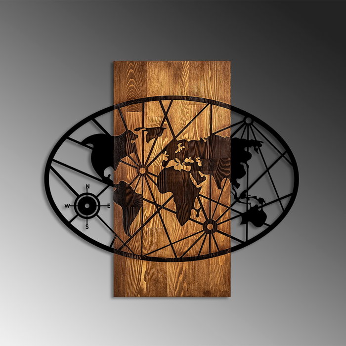 Wallity World Map 4-M Escultura de Pared en Nogal y Negro